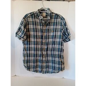 Baird McNutt Shirt Mens L Blue Green Plaid 100% Linen Short Sleeve Button Down
